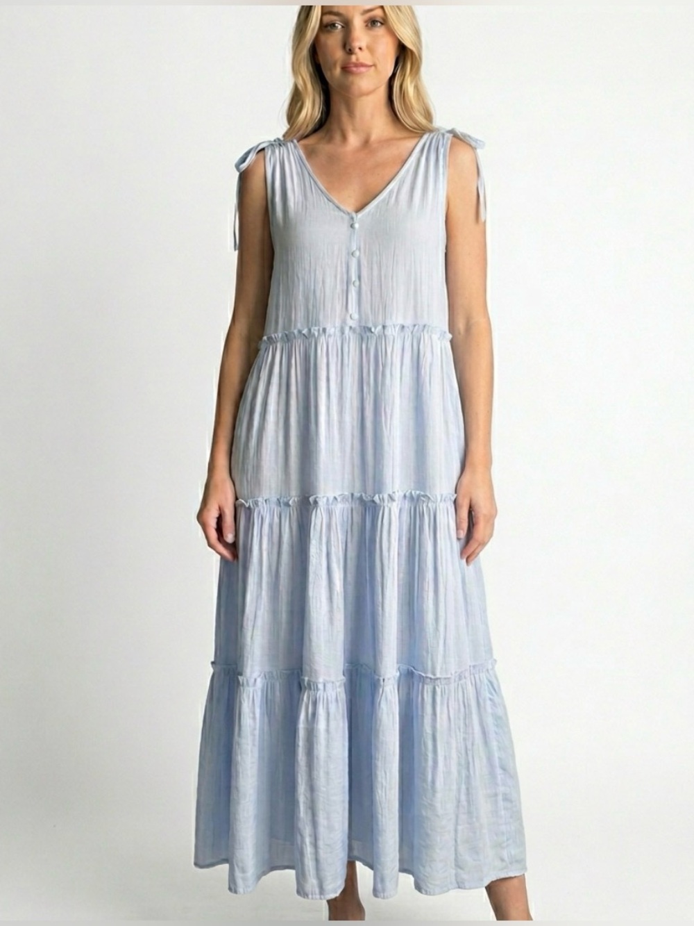 By The River Women's Tiered Maxi Dress Medium Light Blue Rayon Blend Cottagecore